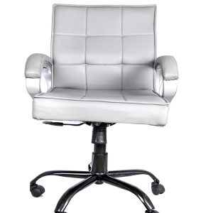 Modern black office chair with padded seat and armrests