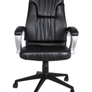 Modern black office chair with padded seat and armrests"